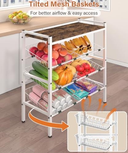 4-Tier Fruit and Vegetable Storage Rack with Wood Top & 6 Removable Baskets, Small Kitchen Island, Pantry Floor Organizer Stand Shelves for Onion Potato Snack Storage, White - style: 6 Baskets-White