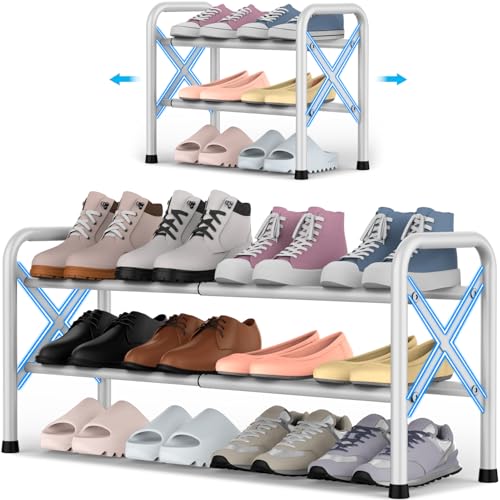 YEASHEIN 2-Tier Expandable Shoe Rack for Closet Floor, X-Frame Metal Small Shoe Rack for Entryway, Adjustable Shoe Shelf Organizer, Free Standing Shoe Racks for Front Door Entrance, Garage - White - color: White, size: 2 Tier