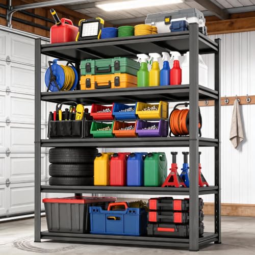 Garage Shelving, Heavy Duty Storage Shelves, Adjustable Boltless Units | Metal Shelving with Double Layer Posts, Industrial Steel Shelving for Garage Basement Warehouse Kitchen, Black, 63H*45W*16D - size: 45W*63H*16D-5T