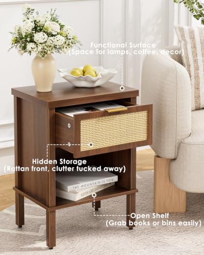 Rattan Nightstand with Drawer and Open Shelf, Boho Side Table with Gold Handle, Small Night Stand, Modern Bedside Table for Bedroom, Walnut - color: Walnut