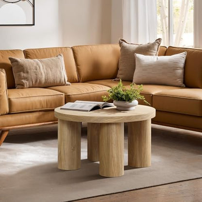 LuxenHome Round Coffee Table with 4 Pillar Legs, 27.5'' Wide Accent Center Table, Modern Farmhouse Oak Finish Wooden Low Cocktail Tea End Table with Sturdy Base for Living Room Home Office - color: Dark Oak-l