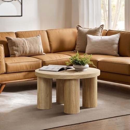 LuxenHome Round Coffee Table with 4 Pillar Legs, 27.5'' Wide Accent Center Table, Modern Farmhouse Oak Finish Wooden Low Cocktail Tea End Table with Sturdy Base for Living Room Home Office - color: Dark Oak-l