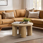 LuxenHome Round Coffee Table with 4 Pillar Legs, 27.5'' Wide Accent Center Table, Modern Farmhouse Oak Finish Wooden Low Cocktail Tea End Table with Sturdy Base for Living Room Home Office - color: Dark Oak-l
