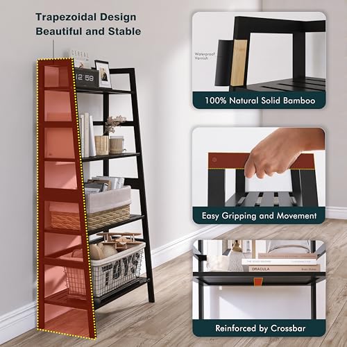 HITNET Black Bookshelf, 4-Tier Ladder Shelf, Freestanding Leaning Bookcase with Bamboo Shelves, Space Saving Flower Plant Stand for Small Space - color: Black