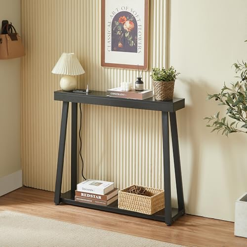 Narrow Small Entryway Table with Charging Station, 36 Inch Thin High Tall Console Sofa Table with Power Outlet and USB&C Port for Entry Hallway, Living Room, Foyer, Thick Metal Frame, Black