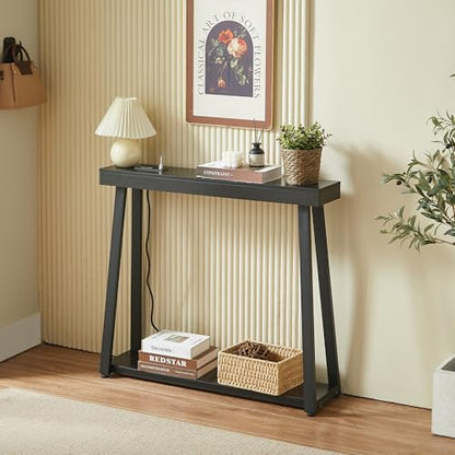 Narrow Small Entryway Table with Charging Station, 36 Inch Thin High Tall Console Sofa Table with Power Outlet and USB&C Port for Entry Hallway, Living Room, Foyer, Thick Metal Frame, Black