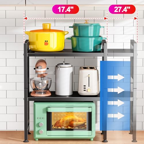 Microwave Stand, 3-Tier Expandable(17.4"- 27.4") Heavy Duty Adjustable Shelf Microwave Oven Rack, Kitchen Countertop Organizer and Storage with 9 Hooks & Cutting Board Holder, Holds up 180 lbs, Black - style: 3 Tier-Black