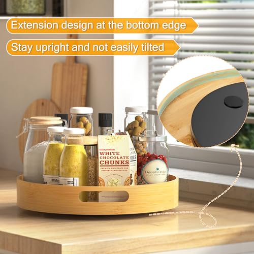 Lazy Susan Organizer Homerays 12 Inch Non-Skid Bamboo Lazy Susan for Kitchen Rotating Spice Rack with Handles, Wood Turntable for Kitchen Cabinet,Countertop (Bamboo, Medium) - size: 12" High Rim Bamboo