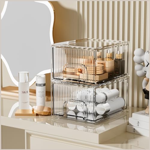 ZHIAI 2 Pack Clear Stackable Cosmetic Organizer, Acrylic Drawer, Plastic Organizer for Dresser, Vanity, Kitchen Cabinet, Pantry, Home Organization and Storage - color: 2 Short