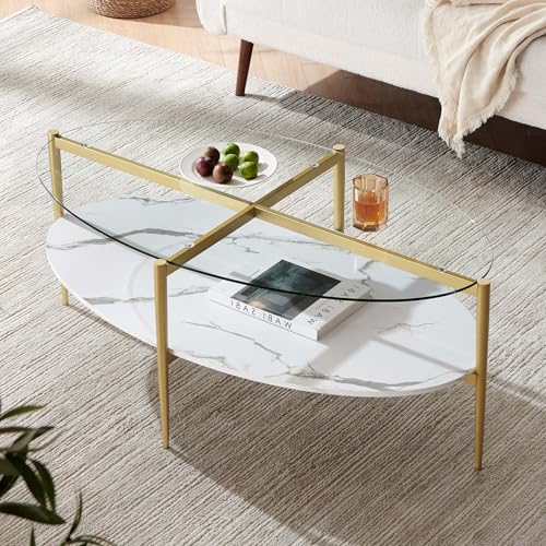 LumFurn Oval Glass Coffee Table, Mid-Century Modern Design, L43 x W22 x H17 inch, Surfboard Shaped Clear Glass Top and White Marble Finish Wood Shelf, Tapered Legs with Gold Finish Frame - color: Clear & White Marble, size: L43" Surfboard Coffee Table