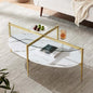 LumFurn Oval Glass Coffee Table, Mid-Century Modern Design, L43 x W22 x H17 inch, Surfboard Shaped Clear Glass Top and White Marble Finish Wood Shelf, Tapered Legs with Gold Finish Frame - color: Clear & White Marble, size: L43" Surfboard Coffee Table