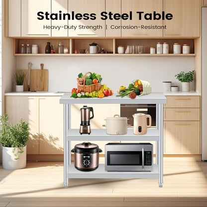 Stainless Steel Table, 14 x 36 x 34 in, 3-Tier Metal Prep Table with 2 Undershelf & Gloves, Commercial Kitchen Utility Workstation for Restaurant, Hotel, Laundry, Garage, Indoor, Outdoor, BBQ