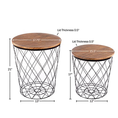 Lavish Home End Tables - Round Nesting Tables Set of 2, Brown Woodgrain | 17.5”/15.5” Side Tables with Removable Wood Tops & Metal Basket Bases for Blanket Storage, Living Room, Bedroom & Home Office - color: Black Diamond