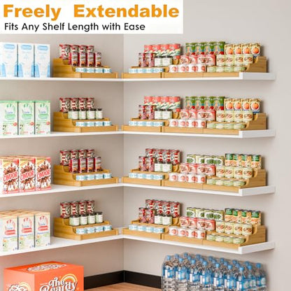 Simple Trending Expandable Bamboo Can Rack Organizer for Pantry, 3-Tier Adjustable Can Storage Holder Holds Up to 24 Cans, Canned Goods Storage Display for Cabinet, Countertop