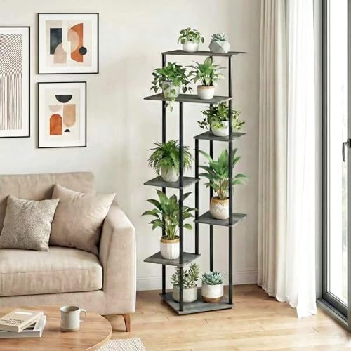52.4” Tall 7-Tier Multiple Plant Stand Indoor, Oak Grey | Functions as Corner Flower Pots, Shelf, Decor Rack, Holder; Metal Frame with MDF Boards; for Living Room, Balcony