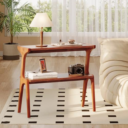 Solid Wood End Table, 2-Tier Side Table with Storage Shelf, Wooden Modern Accent Slim Bedside Table for Sofa, Living Room, Bedroom, Small Space, Easy Assembly, Cherry - color: Cherry