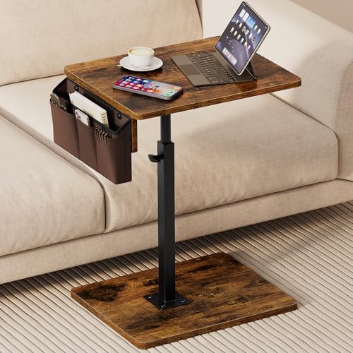 Sofa Armrest Tray Table for Couch, 360° Swivel Height Adjustable TV Tray Table for Small Spaces, Snack Side Table for Couch, Bed, Chair, C Shaped End Side Table for Eating, Reading, Laptop - color: Rustic Brown, style: With Storage Bag