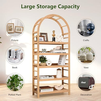 5-Tier Solid Wood Open Bookcase, Modern Arched Bookshelf, Home Office Shelf Storage Organizer, Storage Display Rack Shelf for Living Room (Natural)