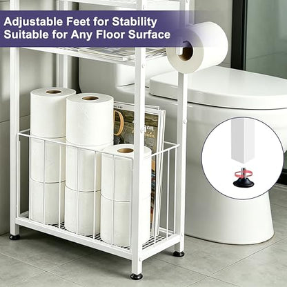 Freestanding Toilet Paper Holder with Shelf, Holds 6–9 Rolls, Space-Saving Bathroom Organizer for Small Spaces, Toilet Roll Holder Stand Keeps Rolls Clean & Dry, White - color: White