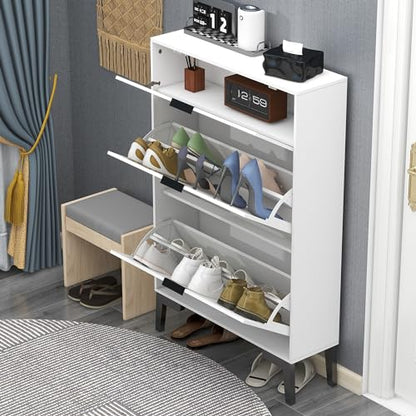 TaoHFE Wooden White Hidden Shoe Cabinet Entryway Shoe Storage Cabinet Narrow Shoe Cabinet Free Standing Shoe Rack Organizer for Closet Shoe Drawer Storage 3 Tier Rack for Front Door Entrance