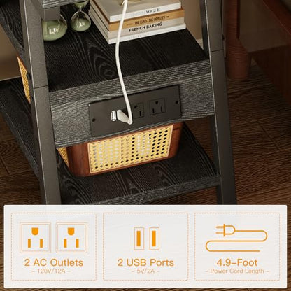 Side Table with Charging Station,3-Tier Small End Table,Lucky 7 Metal Shape | 2 AC Outlets + 2 USB Ports, Adjustable Feet, Nightstand for Bedroom, Living Room, Couch, Narrow Spaces, Grey - color: Grey