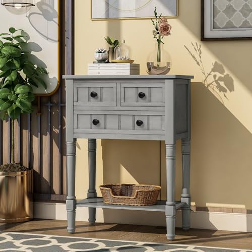 24'' Entryway Table, Small Console Table with Storage Drawers and Shelf, Hallway Table for Entryway Hallway Foyer, Farmhouse Solid Wood Frame (Gray) - color: Grey