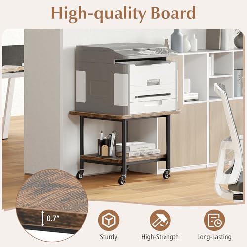 GOFLAME Under Desk Printer Stand, 2-Tier Industrial Mobile Printer Table with Storage Shelf, Metal Frame, Rolling Printer Cart Holder Storage Rack with Lockable Wheels for Home Office, Brown - color: Brown