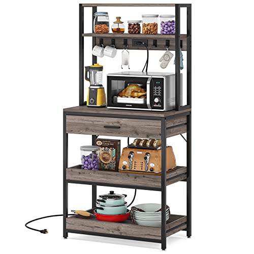 LITTLE TREE Kitchen Baker’s Rack with Power Outlets, Freestanding 5-Tier Microwave Stand with Drawers & Sliding Shelves, Coffee Bar with 6 Hooks for Dining Room Living Room, Grey & Black - color: Grey Black