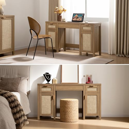 SICOTAS Rattan Vanity Home Office Desk 52" Vanity Table with 3 Drawers | Farmhouse Boho Makeup Vanity Dressing Table with Large Storage, Vanities Desk for Makeup Room, Bedroom, Office - size: 1 Piece, style: Reclaimed Caramel Oak