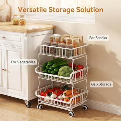 3-Tier Rolling Pantry Floor Organizer and Storage Cart with Lockable Wheels, Heavy-Duty Stackable Wire Baskets, Multi-Purpose Kitchen Storage Rack for Fruits, Snacks, Onions, Potatoes & Pantry Shelves