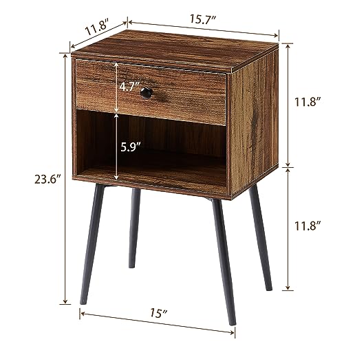 VECELO Nightstands Set of 2, Mid Century Modern End Bedside Table, Night Stand with Storage Drawer and 2 Tiers Open Shelf for Small Place, Bedroom, Living Room, Easy Assembly, Brown - color: Brown