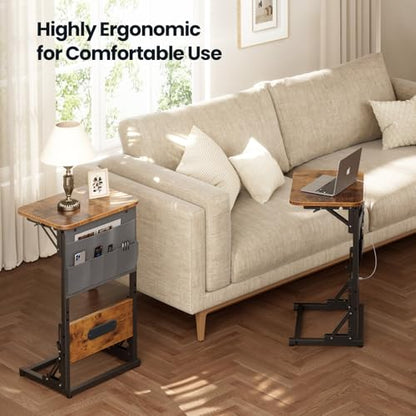 HLDIRECT C Shaped End Table with Charging Station & Storage Bag Brown | 2 USB & 2 Outlets, Storage Bag, FSC Wood, Foldable, 11.8"D x 15.7"W, for Small Spaces, Couch, Bedroom - color: Rustic Brown