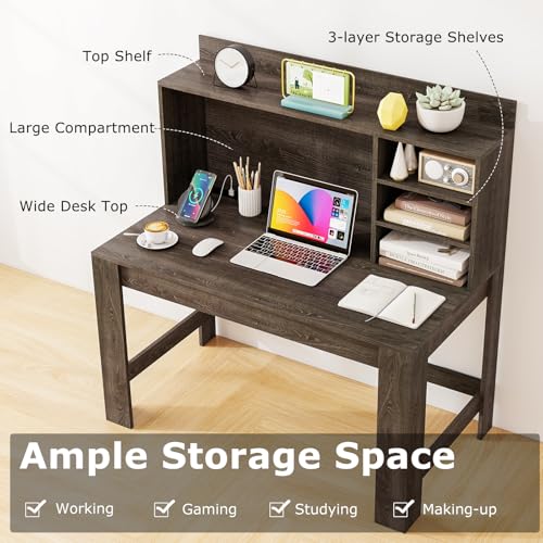 Tangkula Computer Desk with Hutch & Charging Station, Home Office Writing Study Desk with Storage Shelves, Cable Management Hole, Laptop Desk, Desk for Bedroom, Computer Workstation (Gray Oak) - color: Gray Oak