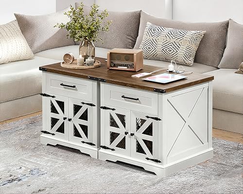 RALGEND White Farmhouse End Table with Charging Station, 24" Large Sofa Side Table with Drawer, Large End Table for Living Room, Wooden Nightstand with Outlet, Square, White and Walnut - color: White and Walnut