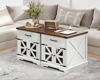 RALGEND White Farmhouse End Table with Charging Station, 24" Large Sofa Side Table with Drawer, Large End Table for Living Room, Wooden Nightstand with Outlet, Square, White and Walnut - color: White and Walnut