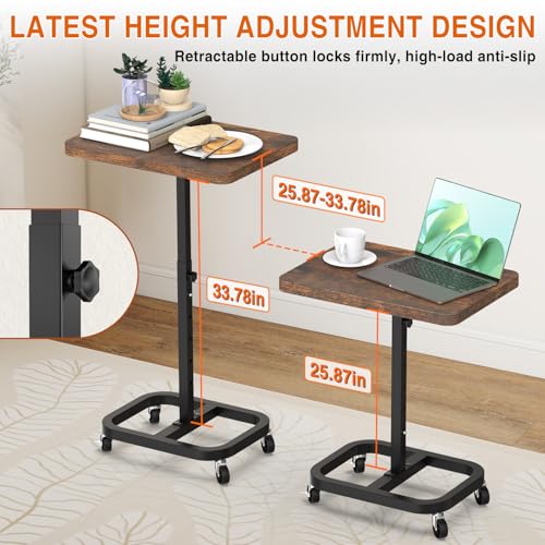 Adjustable Height Mobile TV Tray Table with Wheels, Portable Rolling Desk, and Laptop Table for Eating on Couch or Sofa, Featuring Upgraded Alloy Steel Support and a Sturdy Quadrilateral Base