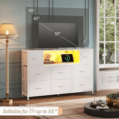 WLIVE White Dresser TV Stand for 45, 50, 55 inch TV, Entertainment Center with LED Lights & Charging Station, Chest of Drawers with 8 Fabric Drawers and Open Shelves for Living Room, Hallway, Wood Top - color: White
