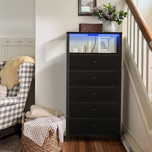BOLUO Black Dresser with 5 Drawers Tall Nightstand with Charging Station and LED Light, Bedside Table Room Storage Drawers Closet - color: B.black, size: 11.8"D x 15.7"W x 39.8"H (5 drawers)