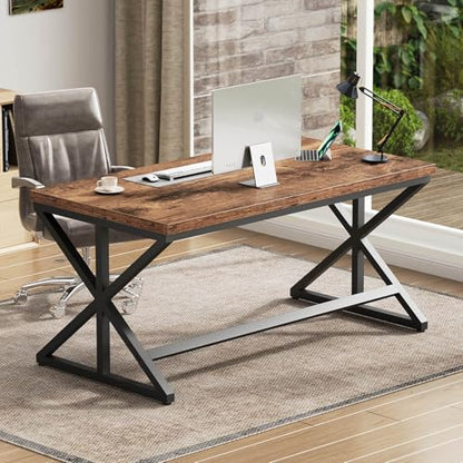 55” Computer Desk, Industrial Brown Home Office Desk Rustic Brown | Wooden Metal Executive Pc Computer Desk Table, Wood Student Gaming Study Computer Table for Bedroom Living Room - color: Rustic Brown Oak, size: 55 Inch