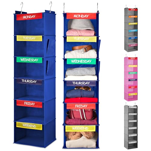 Handy Laundry Hanging Clothes Organizer for Kids - 6-Shelf Closet Daily Clothing Organization Labeled Shelves with Days of The Week Monday Through Friday, Weekday and Weekend (Blue) - color: Blue, size: Weekly Planner