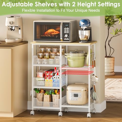 Rolling Kitchen Microwave Organizer Cart, Adjustable Shelves, White | Kitchen Island Storage Cart & Microwave Stand with Tilt-Out Baskets & Lockable Wheels, 27.75"L×15.35"W×32.9"H - color: White