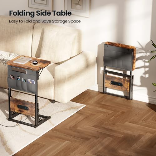 HLDIRECT C Shaped End Table with Charging Station & Storage Bag Brown | 2 USB & 2 Outlets, Storage Bag, FSC Wood, Foldable, 11.8"D x 15.7"W, for Small Spaces, Couch, Bedroom - color: Rustic Brown