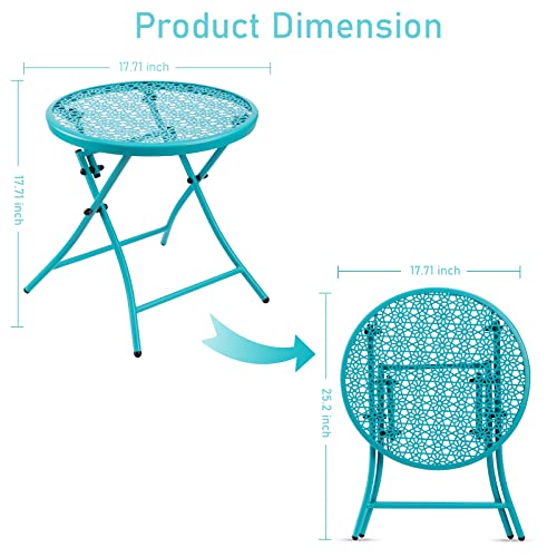 TeoKJ Folding Outdoor Side Tables, Anti Rust Small Patio Table Round Metal Nightstand with Flower Cutouts for Porch Yard Balcony Deck Lawn, Blue - color: Blue