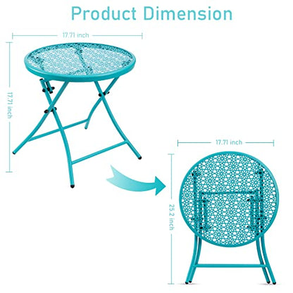 TeoKJ Folding Outdoor Side Tables, Anti Rust Small Patio Table Round Metal Nightstand with Flower Cutouts for Porch Yard Balcony Deck Lawn, Blue - color: Blue