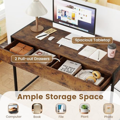 Giantex Computer Desk with 2 Drawers, 44 Inch Home Office Desk with Anti-Toppling Device & Metal Frame, Compact Laptop PC Table, Vanity Table, Modern Study Writing Desk for Small Spaces (Rustic Brown) - color: Rustic Brown