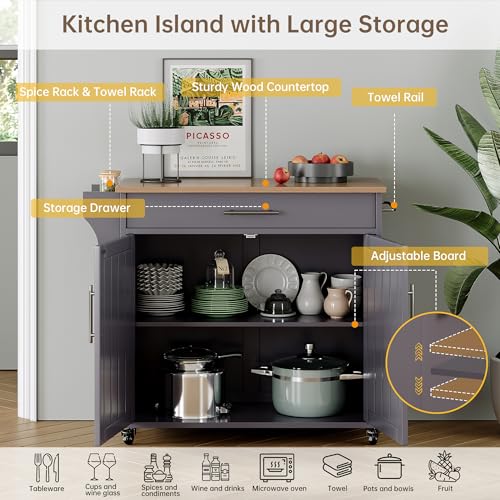 Wood Kitchen Island with Storage, Wooden Rolling Kitchen Island On Wheels with Countertop, Mobile Kitchen Island Cart with Towel Rack, Spice Rack, Adjustable Shelf and Drawers, Grey - color: Grey