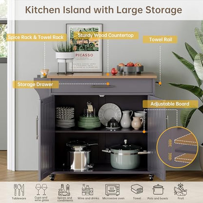 Wood Kitchen Island with Storage, Wooden Rolling Kitchen Island On Wheels with Countertop, Mobile Kitchen Island Cart with Towel Rack, Spice Rack, Adjustable Shelf and Drawers, Grey - color: Grey