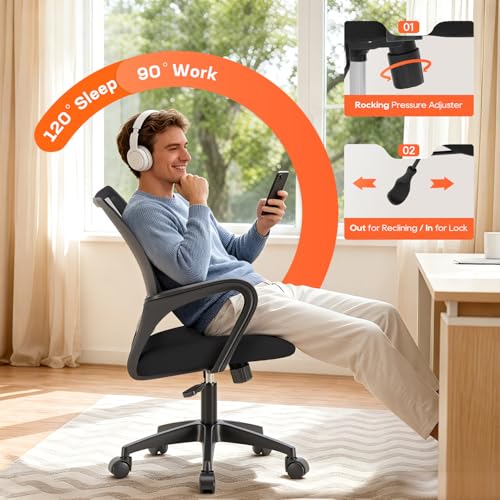BestOffice | Ergonomic Office Chair | Mid-Back Swivel Desk Chair | Breathable Backrest & Lumbar Support | Adjustable Height | Sponge Seat | Rolling Wheels | Dark Black | for Adults & Women - color: Dark Black, style: pack of 2
