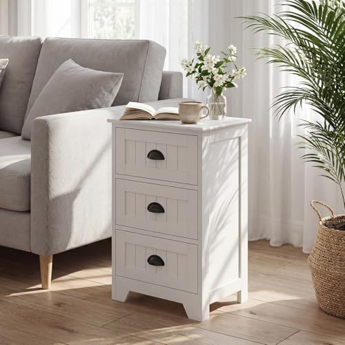 Giantex Nightstand with 3 Drawers, Bedside Table with Exquisite Metal Handles, Accent Table Sofa Side Table with Anti-toppling Device for Bedroom, Study, White - color: White