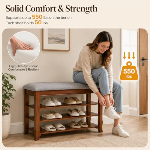 Solid Wood Shoe Bench with Storage, Flip-Top Soft-Close Lid, Adjustable Shelves, Cushioned Entryway Shoe Rack Organizer, 23.6" - size: 23.6"